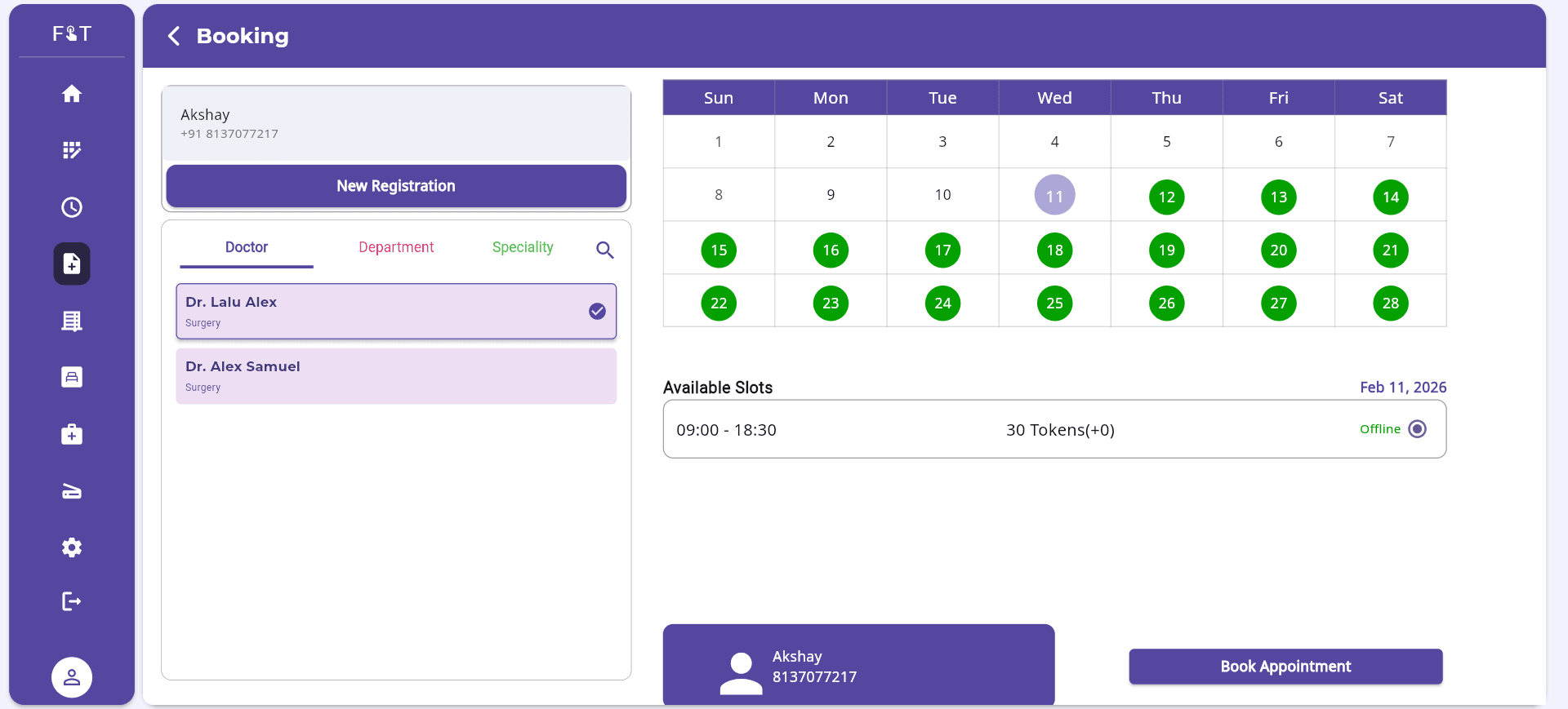 Appointment Booking screen – Admin View in FelixaTouch