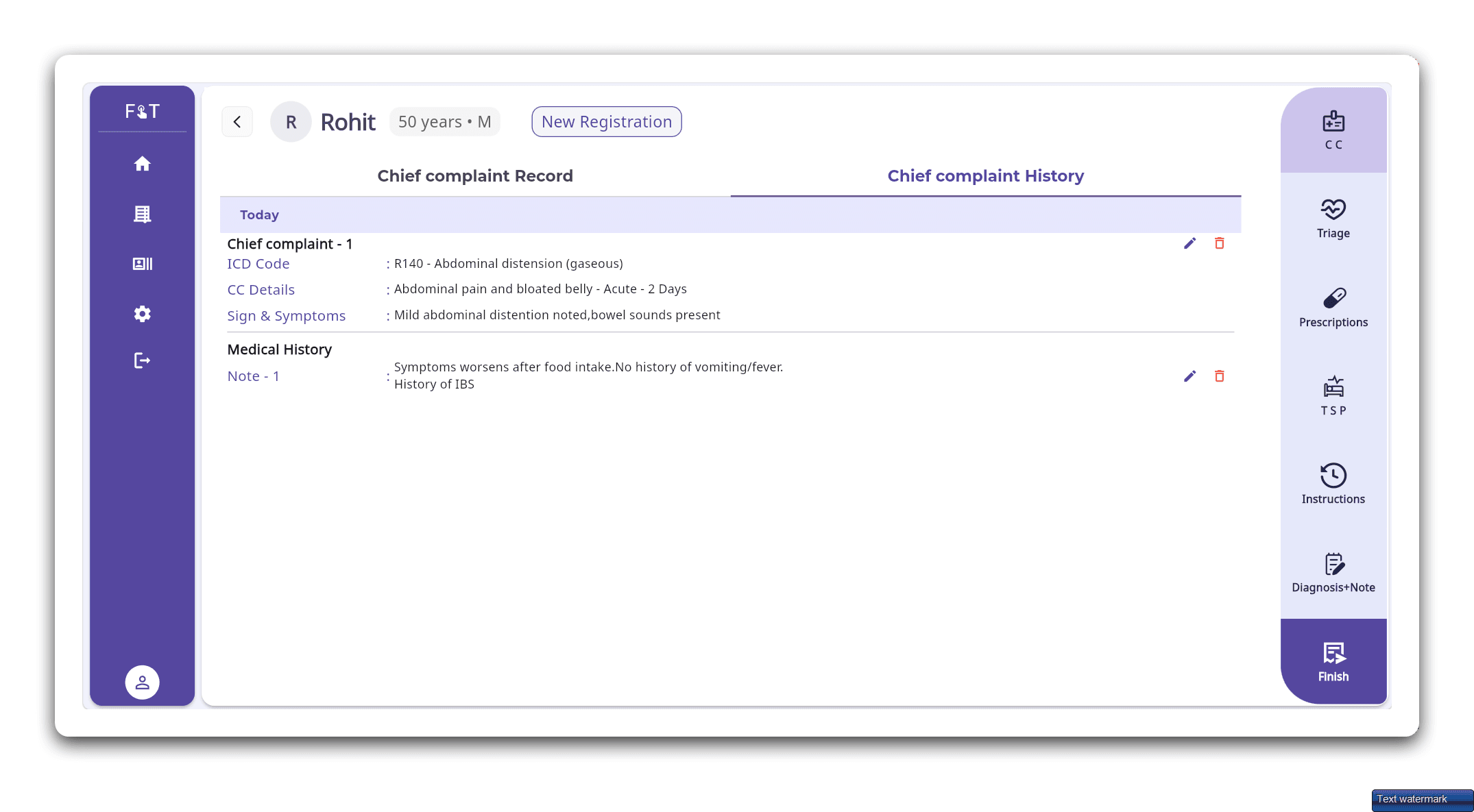Chief Complaint History view in FelixaTouch