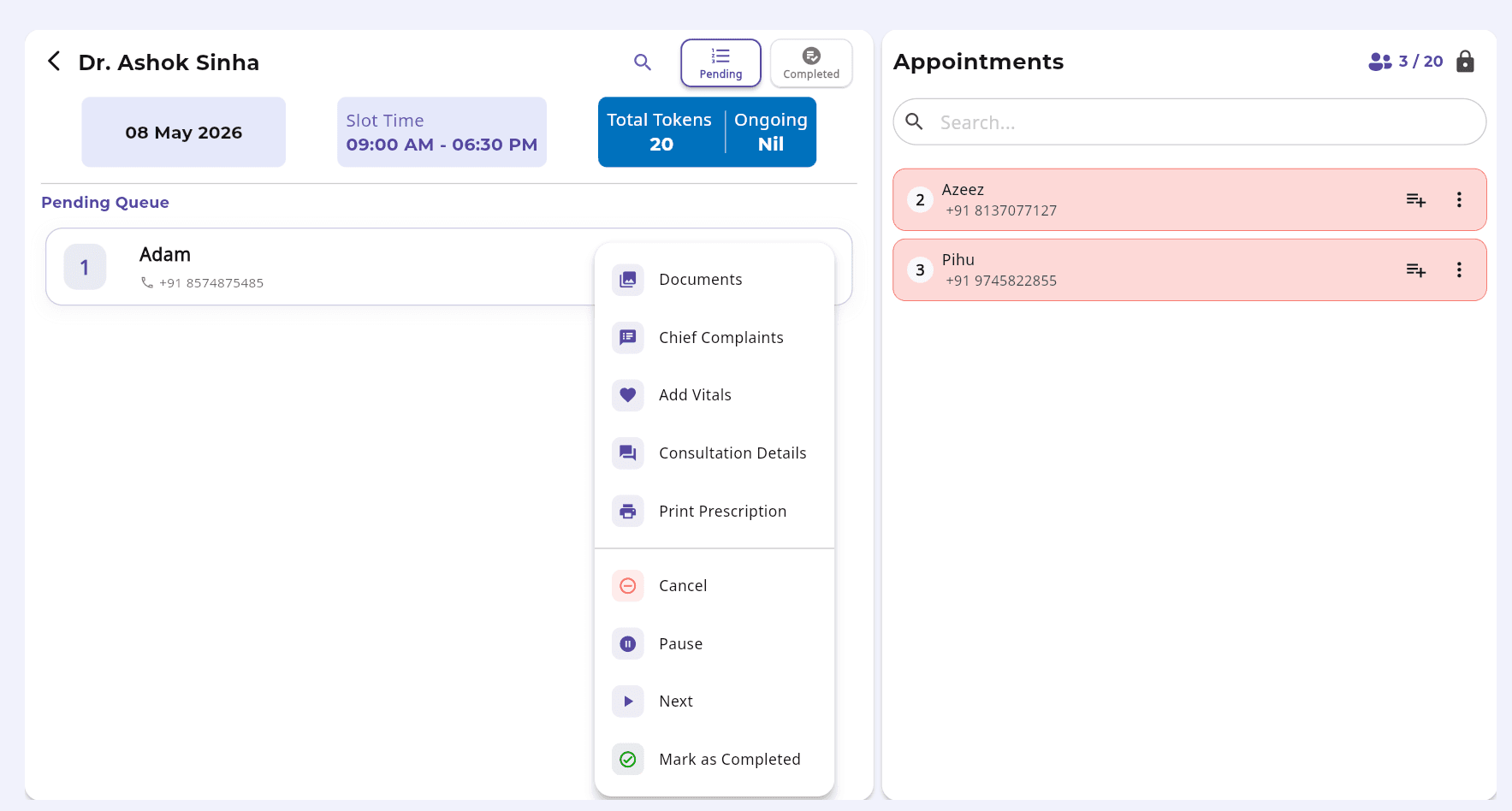 Queue panel with patient management options in FelixaTouch