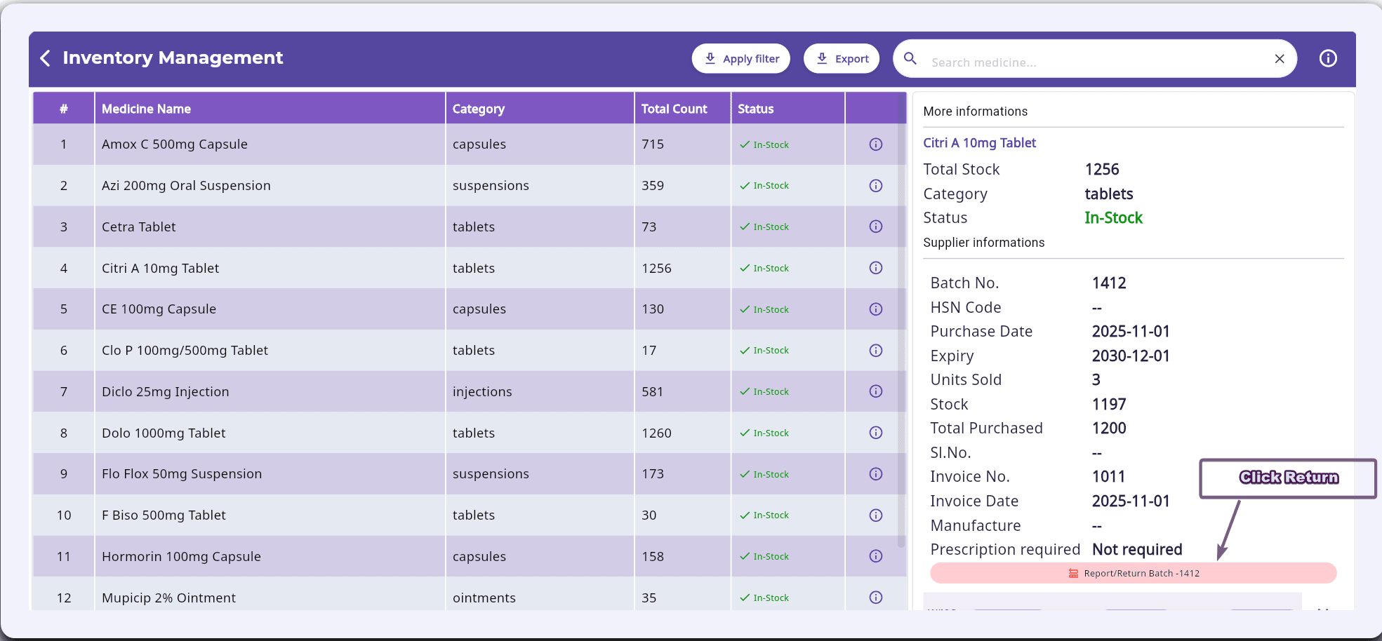 FelixaTouch Inventory Management screen with medicine details panel and the Report/Return Batch button highlighted
