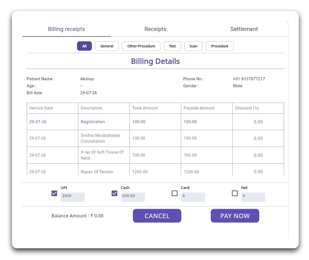FelixaTouch discount and split payment mode selection screen