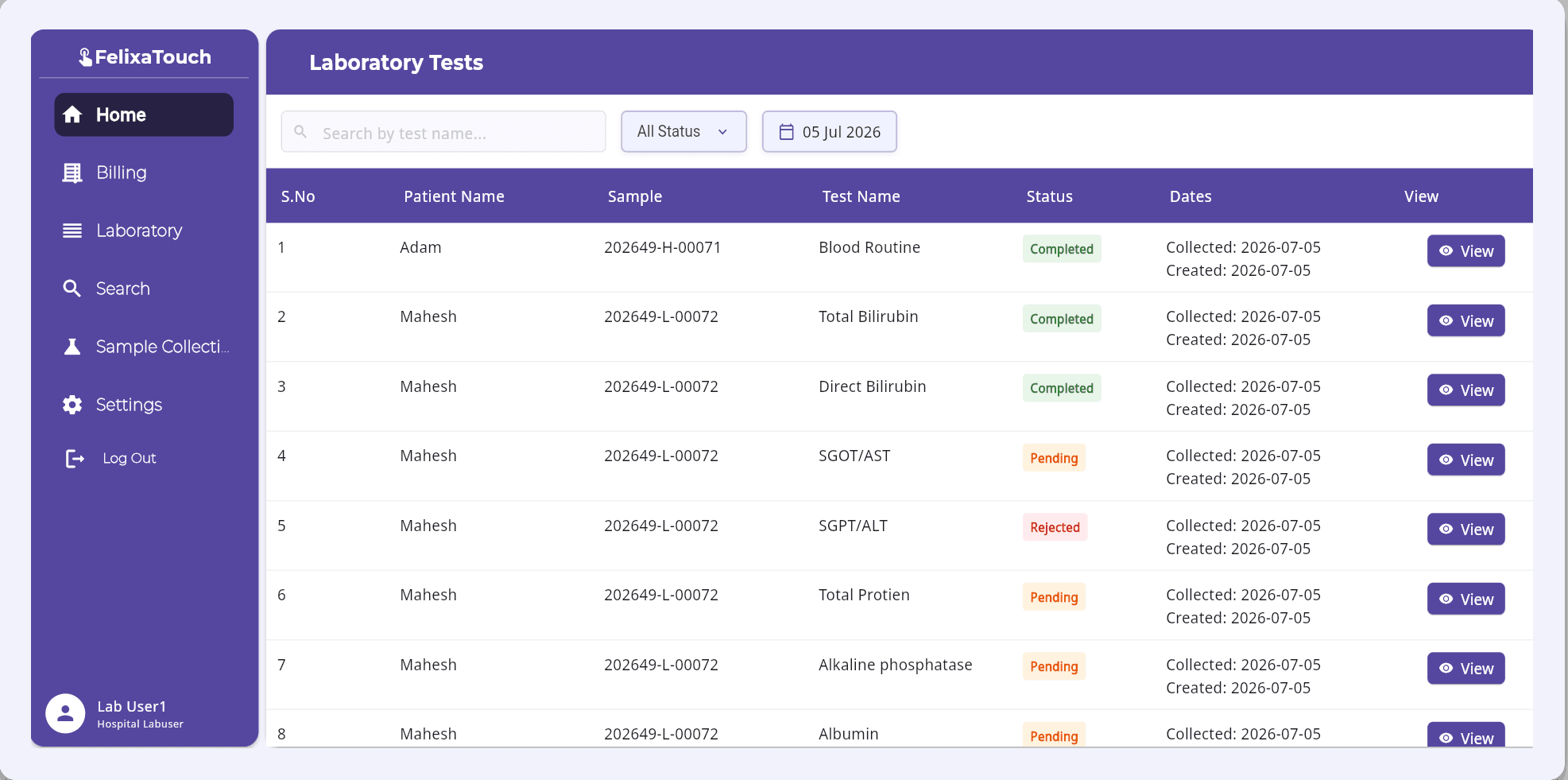 FelixaTouch Laboratory Workflow and Status Tracking