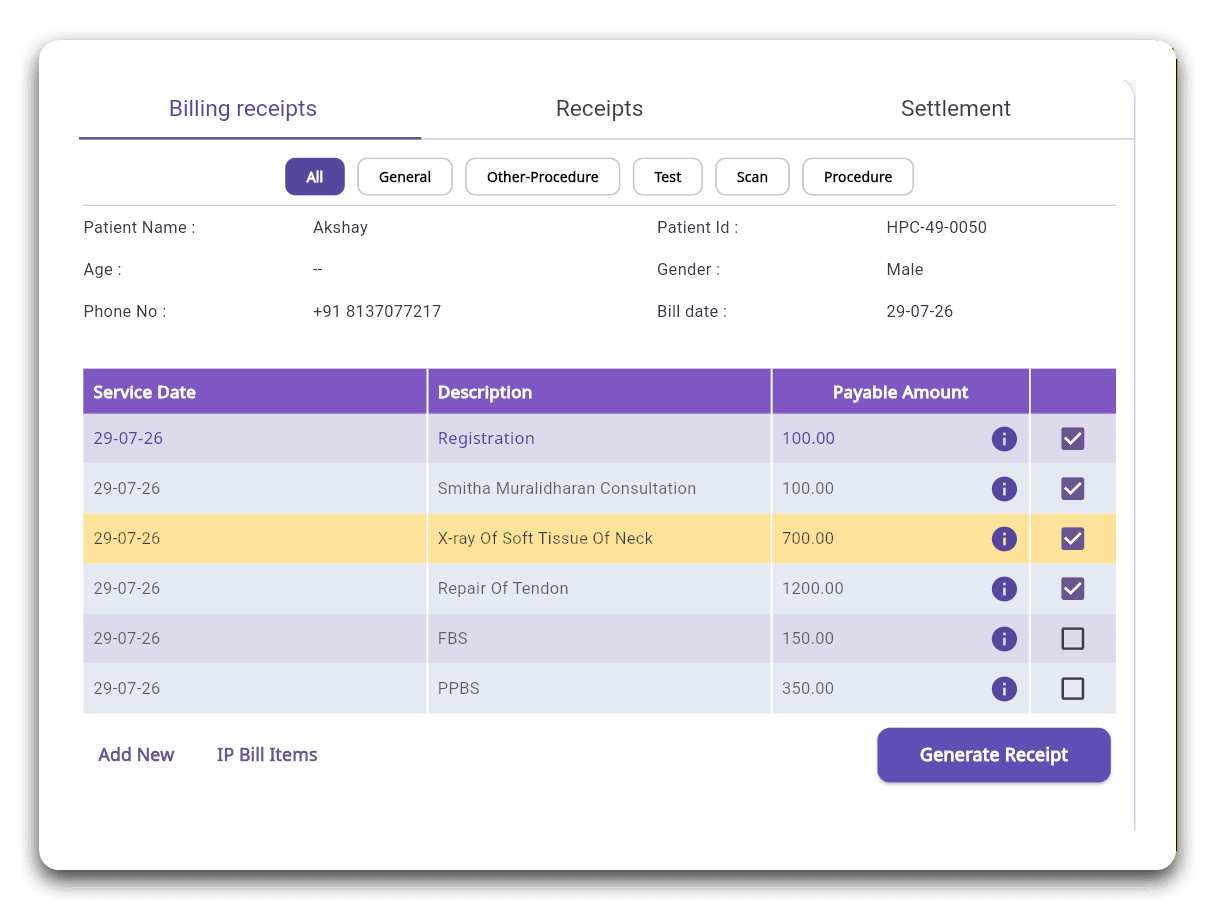 FelixaTouch partial billing and advance payment checklist screen