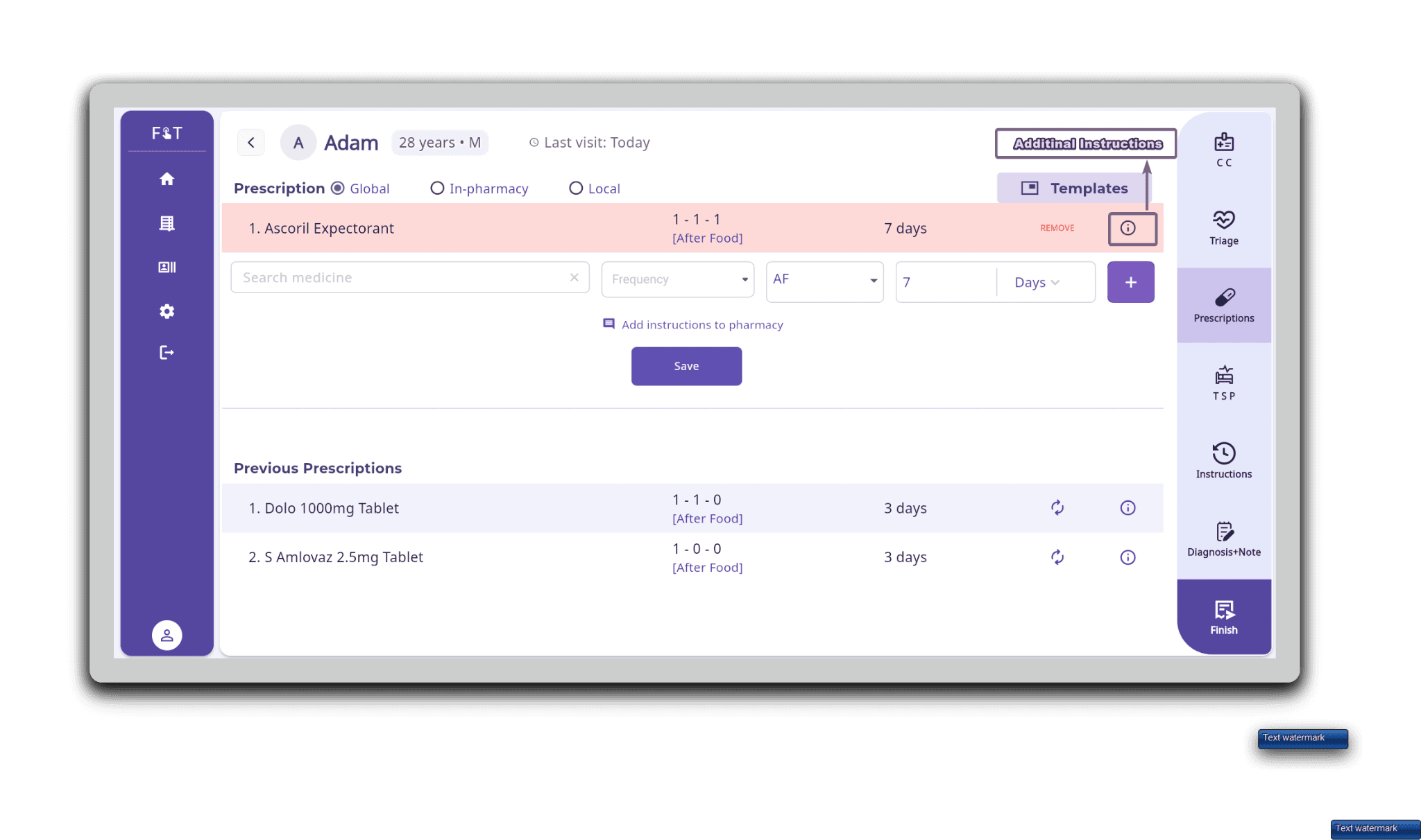 Prescription Creation Screen – Medicine Selection, Dosage & Additional Instructions