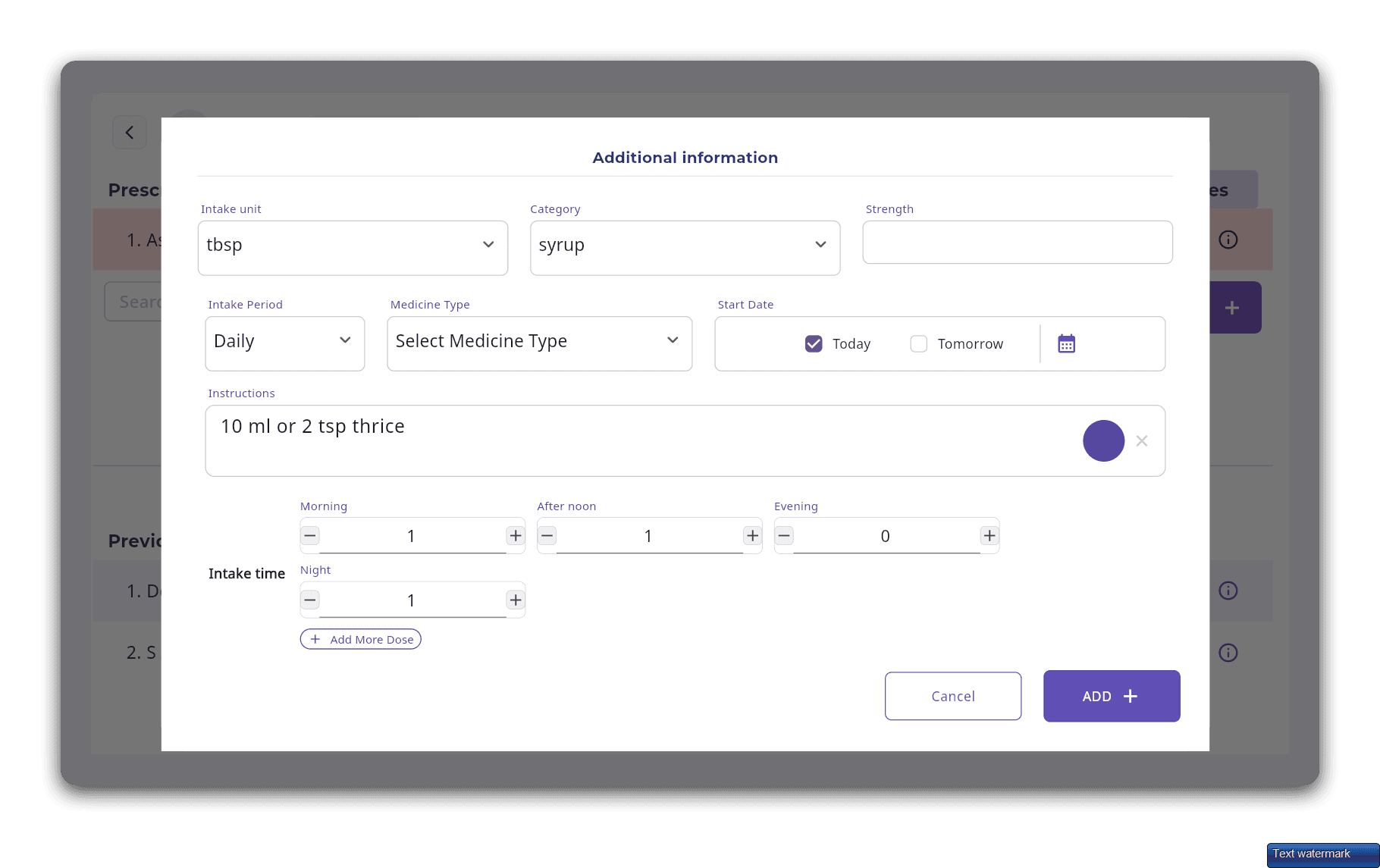 Prescription Creation Screen – Medicine Selection, Dosage & Additional Instructions