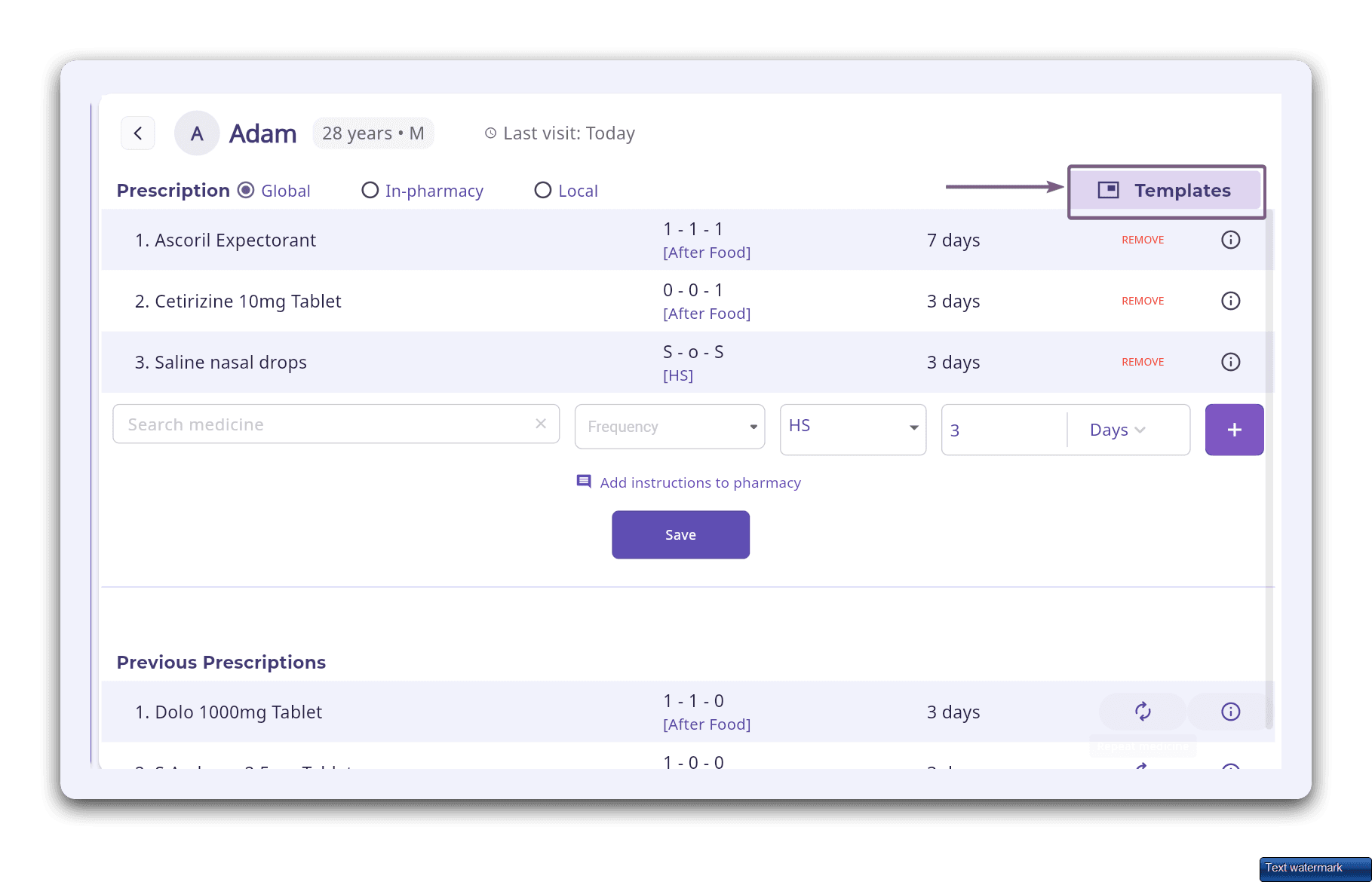 Prescription Template in FelixaTouch
