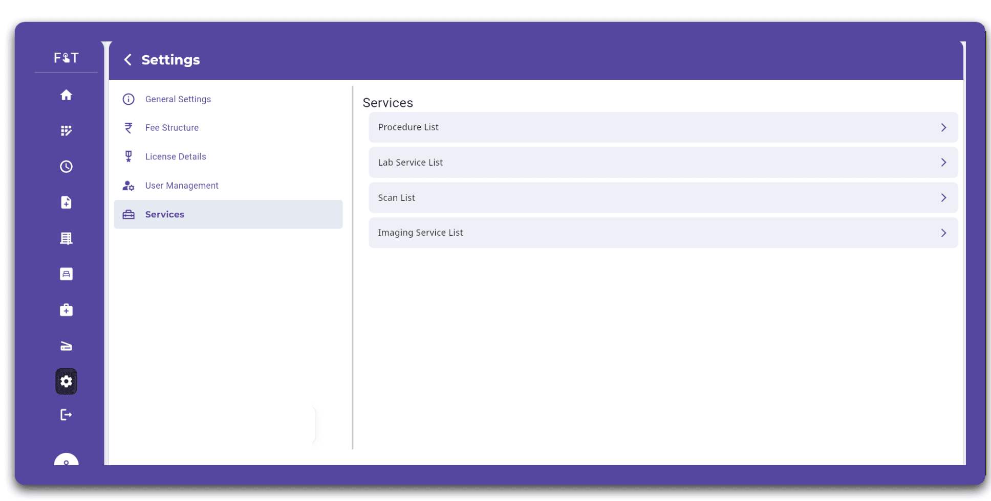 Service Catalog in FelixaTouch showing consultation, laboratory, scan, procedure, and medicine pricing