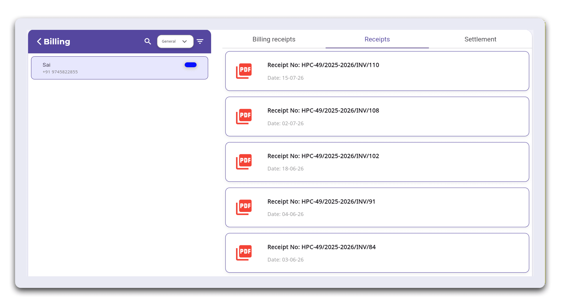 FelixaTouch stored bills and receipts list linked to patient EMR
